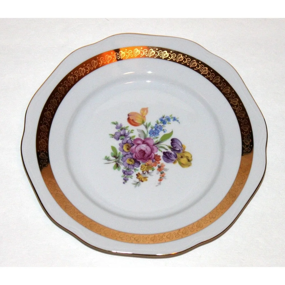 Vtg Carlsbad Plate‎ Fine Porcelain Czech Floral Gold Rim Bohemia Gilt Grannycore